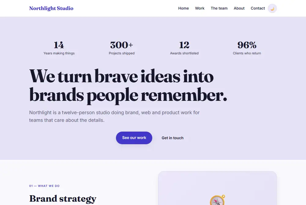 Creative agency website with alternating work blocks