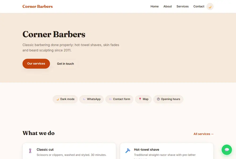 Small business website with services and opening hours