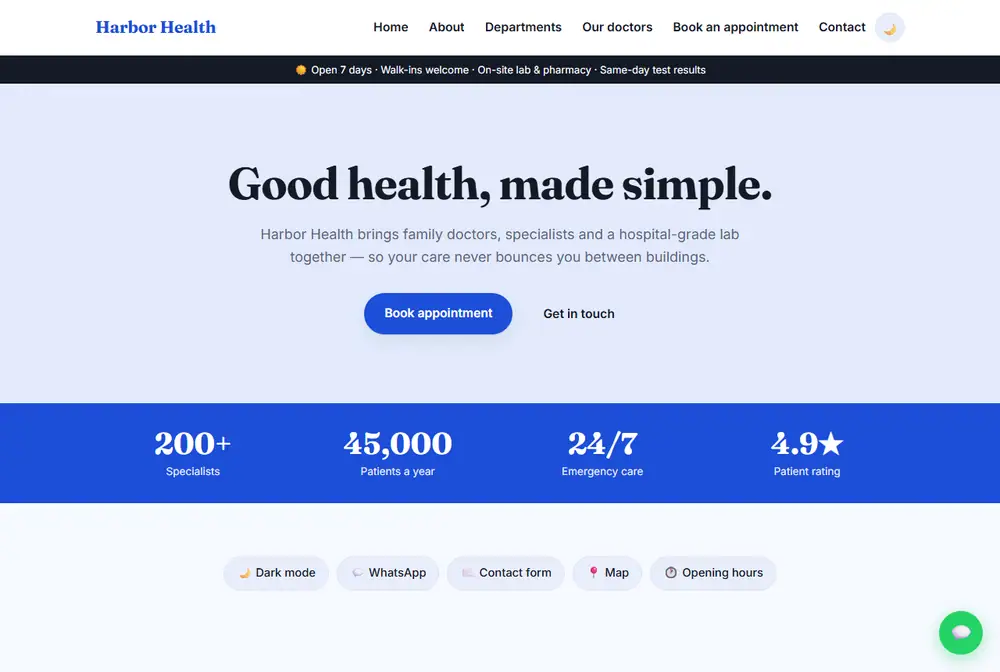 Clinic website with departments and doctors