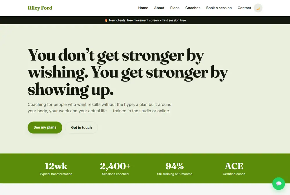 Fitness coach website with a statement hero and priced plans