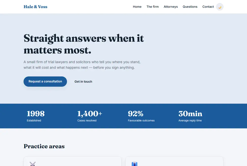 Law firm website with practice areas and attorneys