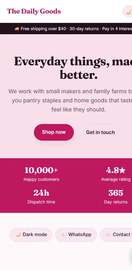 The shop template on a phone screen