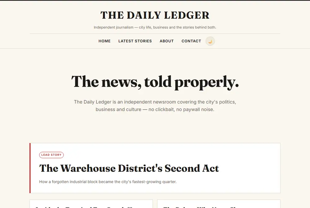 News website with a serif masthead and lead story