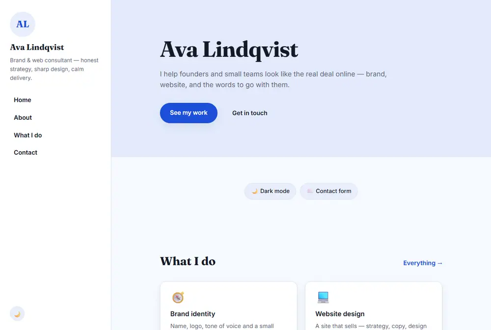 Personal profile website with a fixed sidebar