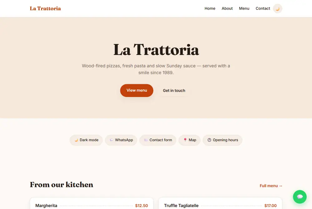 A website built with SiteForge: a restaurant page with a menu, prices and a booking button.
