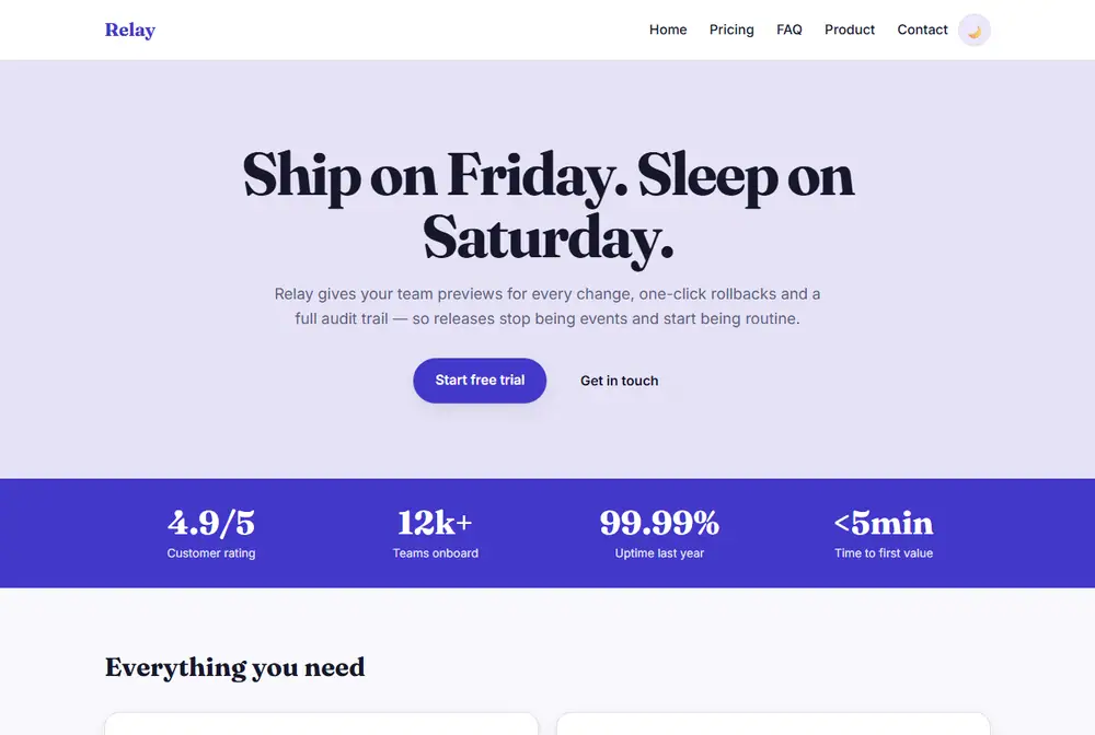 SaaS landing page with features, pricing tiers and FAQ