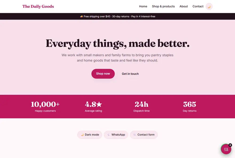 Online shop with product cards and a working cart